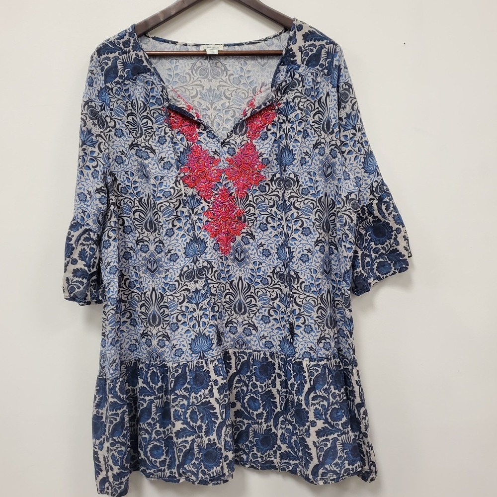 Sundance Womens 3/4 Sleeve Embroidered Tunic Top Size XL Blue V Neck Bohemian